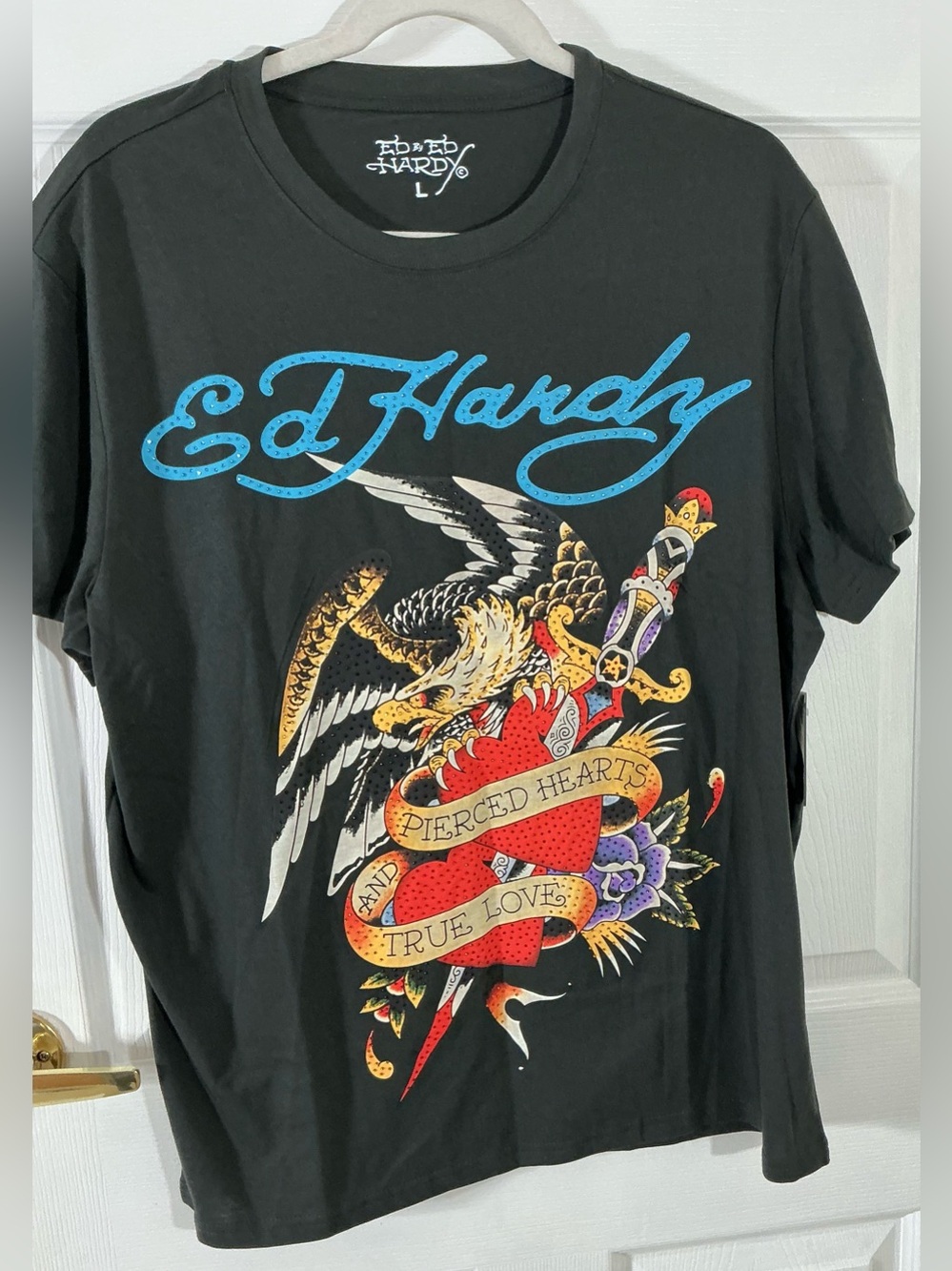NWT Ed Hardy Charcoal Rhinestone Eagle Dagger Tee Shirt Size L